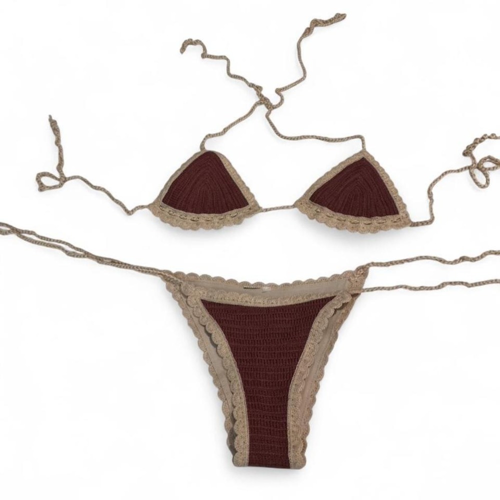 Unbranded Crochet Bikini Set Women Small Burgundy Tan Excellent Boho Scalloped